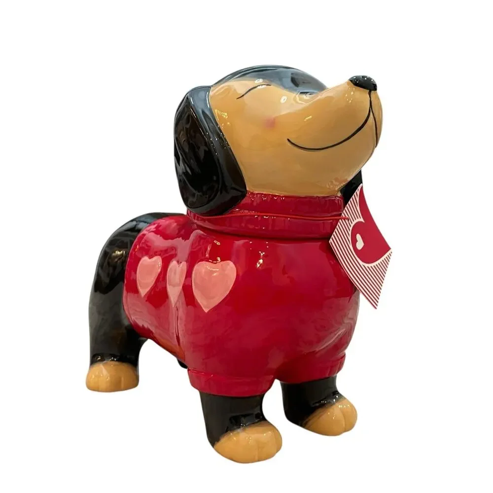 NEW Valentine's Dog Dachshund Cookie Jar Red Sweater Pink Hearts Hand Painted